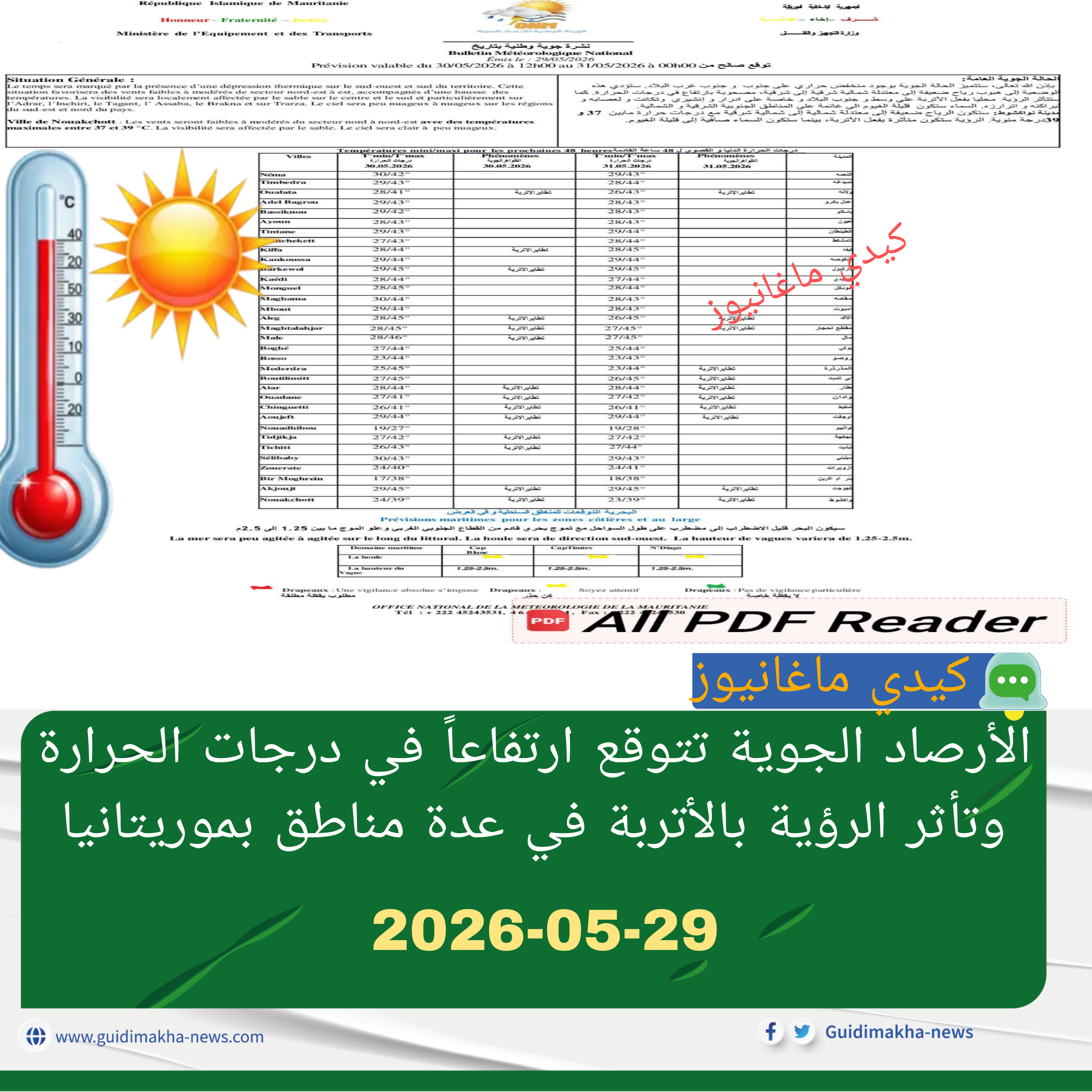 الأرصاد الجوية تتوقع ارتفاعاً في درجات الحرارة وتأثر الرؤية بالأتربة في عدة مناطق بموريتانيا